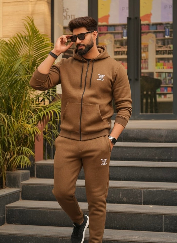 Men’s Premium Brown Hoodie Tracksuit – Casual Zip-Up Winter Wear Set